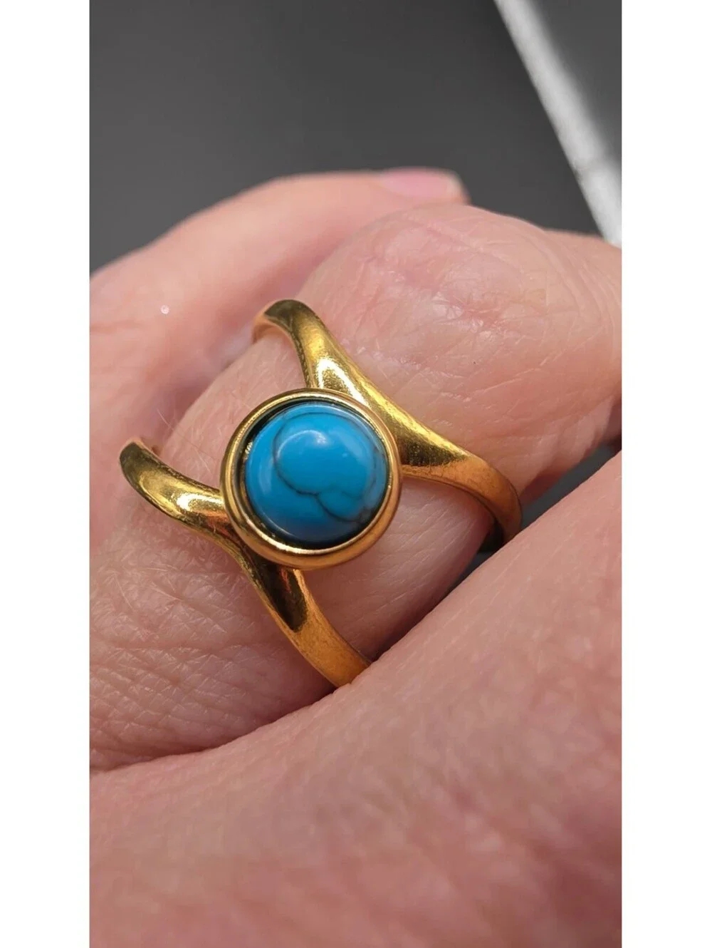 Bohemian Gold-Tone Stainless Steel Turquoise Open Ring Size Adjustable